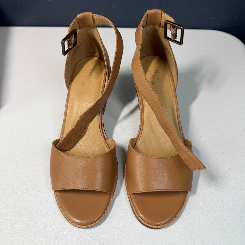 Crown Vintage Cintia Wedge Sandals Leather Ankle Strap Tan Boho 9.5M CV-CINTIA